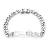 10.5-11mm Freshwater Cultured Pearl Sterling Silver ID Curb Chain Bracelet | 8.5 Inches | Men's