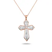 14K & 18K White Gold Step Cut Kite Diamond Cross Pendant & Chain Necklace