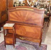 Antique French Louis XV Inlaid Bedroom Set, Signed Perol Freres, Queen Size Bed & Marble Nightstand