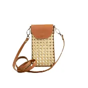 Borneo Rattan Cane Weave Cell Phone Crossbody with Brown Leather