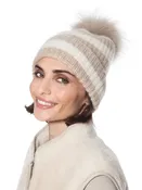 Angora Blend Striped Hat w/ Genuine Fur Pom in Taupe