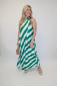Angle Check Green Diagonal Stripe Halter Midi Dress