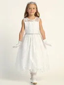 206 Girls White First Communion Dress w/ Embroidered Tulle & Sequins