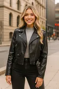 Black Faux Leather Motorcycle Biker Cropped Jacket