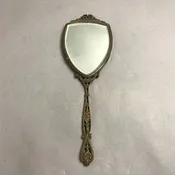 Antique Brass Vanity Hand Held Mirror Featuring Yellow Guilloche (13.5x4.5")