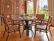5 Piece Rattan Dining Set With Leather Strapped Chairs & 36" Round Dining Table Riviera Style, Black with Brown Seat & Back