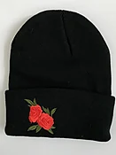 BLACK THIN KNITTED SKULL HAT W/ EMBROIDERED LEAFY RED ROSES