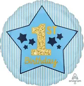1st Birthday Boy Striped Stars 18" Foil Balloon