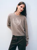 Cashmere Blend Horse Embroidered Crewneck Sweater | Misty Brown/Ivory