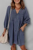 3/4 Sleeve Tied V Neck Pleated Denim Mini Dress