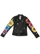 Floral Sleeves Leather Biker Jacket - Black