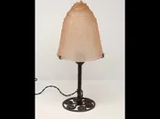 Art Deco Forged Iron Lamp with Müller Freres Shade (#1437) — Calderwood Gallery is a world class resource for original French Art Deco furniture. Works by Maurice Dufrene, Jacques Adnet, Ruhlmann, Jallot, Follot, Arbus, Leleu, Dominuque, Subes, Sue et Mare. Art Nouveau, decorative arts, iron works.