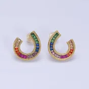14K Gold Plated Multicolor Baguette U Circular Stud Earrings