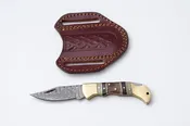 Brass & Bone Damascus Folding Knife with Leather Sheath