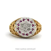 0.18cttw Diamond Kentucky Cluster Ring with Ruby Halo and Sunflower Sides in 10k Yellow Gold