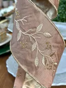 4" dupion embroidery leaves beaded berries, mocha gold