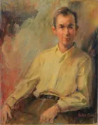 A double sided oil painting of a Man in yellow shirt and a Nude brunette.