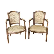 Pair of French Early 19th Century Walnut Louis XVI Armchairs or Fauteuils with Original Toile Upholstery and Brass Tacking