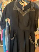 1950s Black Taffeta and Bead Trim Dress - Plus Size