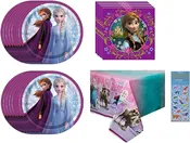 Frozen Princess Elsa Anna Birthday Party Supplies Bundle Pack for 16 includes Dessert Cake Paper Plates, Napkins, Table Cover