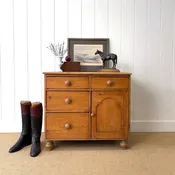 An Antique English 19th Century Small Pine Cabinet Cupboard Sideboard