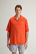 Chemise à manches courtes teinte en pièce en pur lin - Homme - Orange