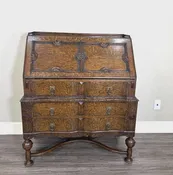 Antique English Tiger Oak William & Mary Drop Front Desk, Barley Twist Writing Desk, Jacobean Style Secretary