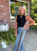 Animal Print Accent Washed Denim Pant