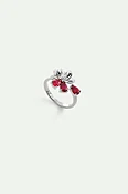 Bague ajustable argentée fleur de cosmos et pierres rouges