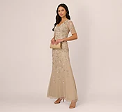 3D Floral Beaded Mermaid Gown With Sheer Short Sleeves In Biscotti