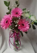 3 PINK GERBERA  DAISIES AND (E)