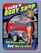12 1/2" X 16" TIN SIGN LUCKY'S BODY SHOP SERVICES YOUR ROD LIKE NO OTHER METAL SIGN NEW