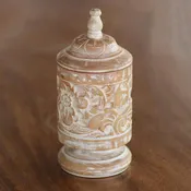 Antique Flower Mahogany Wood Cylindrical Decorative Jar with Floral Motifs