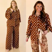 Better Together Polka Dot Button Up Collared Top with Poofy Sleeves in Brown