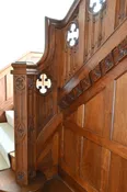1929 walnut double landing staircase complete with carved paneled quatrefoil railing & newel — Architectural Antiques