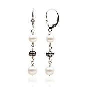 Dangle Pearl Earrings with Black Swarovski Crystal | Genuine Cultured Pearls