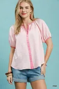 Checker Puff Sleeve Button Front Blouse