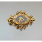 Antique Victorian or Edwardian Brooch Gold Tone Black Enamel Pin Leaf Design