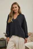 Charcoal Split Neck Ribbed Top