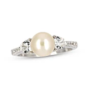 Cultured Pearl & White Lab-Created Sapphire Ring Sterling Silver