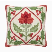 Amaryllis Flower with Holly Hooked Rug Holiday Pillow