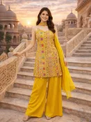 Mustard Georgette Sequins Embroidered Palazzo