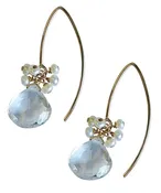 14k Gold Fill Curve Stick  Earwire with Crystal Quartz and Mini Cluster of Pearls Earrings