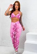 Be Fit Pink Python V-Waist Leggings with Side Piping and Front Twist Bra Top Set