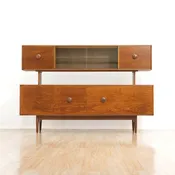 Large Mid Century British Elm Sideboard & Display Hutch Cabinet