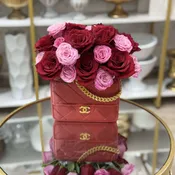 Dozen roses in designer purse vase (any color rose available)