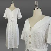 1940s White Dress / XL 1940s Dress/ 1940s Day Dress / White Eyelet Cotton Dress / Size Extra Large XL / Plus Size 1940s