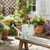 Watering Can - White Metal Wood Floral Print Handled, 10 in.