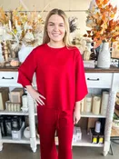 3/4 Sleeve Cherry Red Round Neck Top