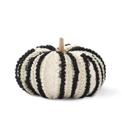 10.5 Inch Cream & Black Knit Vertical Striped Pumpkin w/Wood Stem